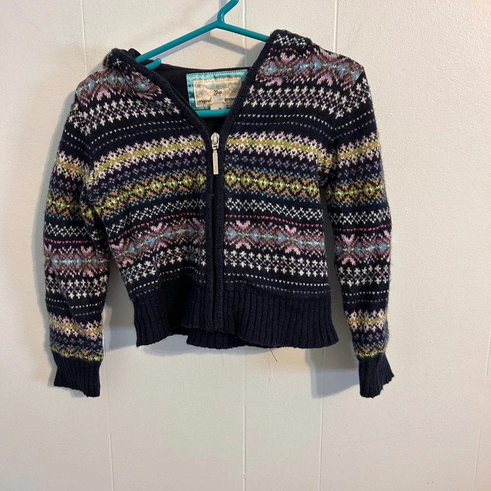 Gap Kids Navy Fair Isle Full Zip Hooded Cardigan Sweater Tassel Hood 4 Years